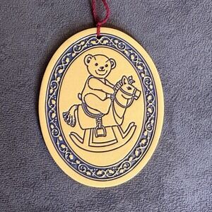 Vintage Teddy Bear Rocking Horse Hanging Ornament Ceramic Oval 4" Blue Trim 80s